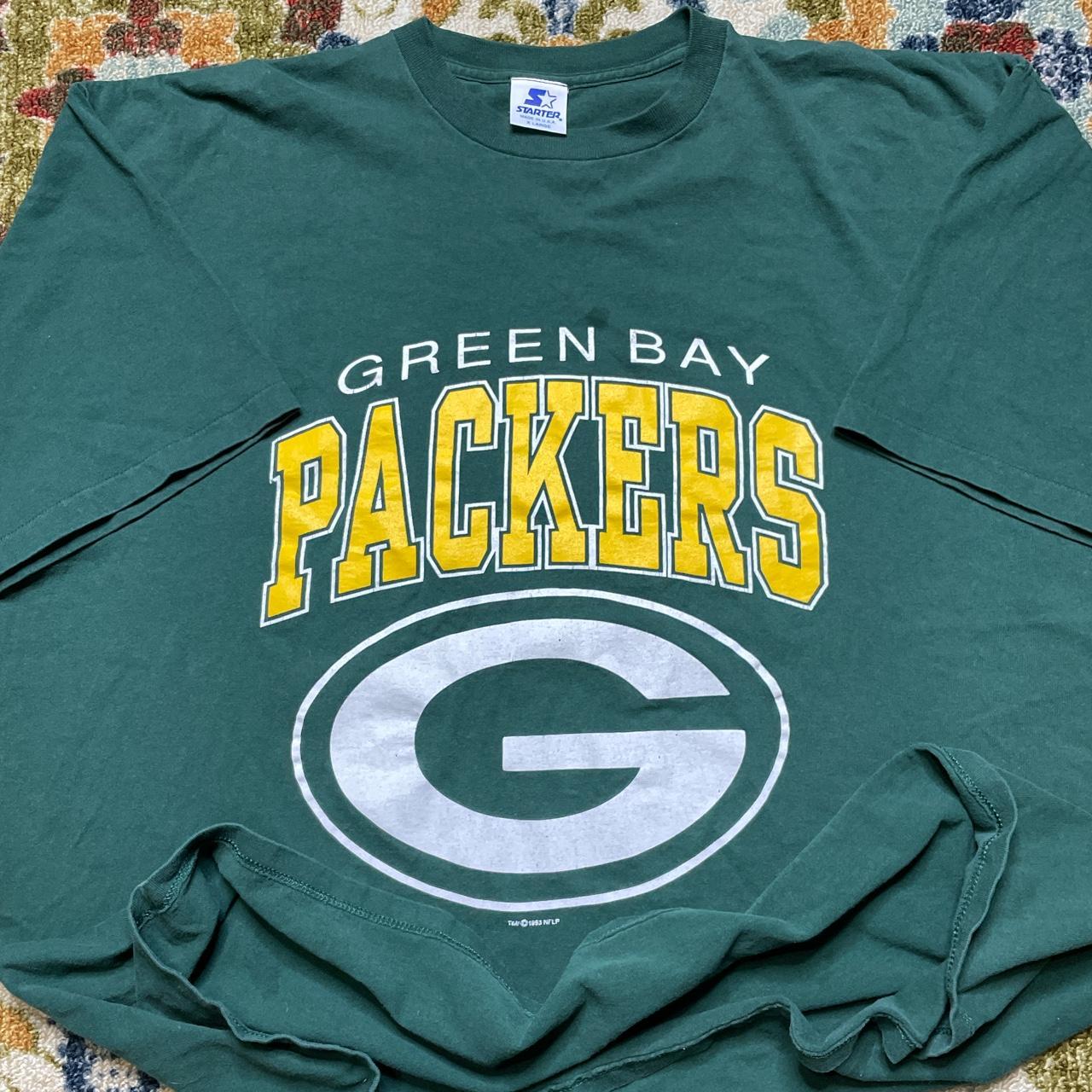 Vintage Starter Green Bay Packers spellout green NFL... - Depop