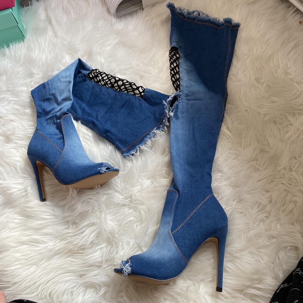 Denim Thigh High Boots Size : UK 4 Brand new, never... - Depop