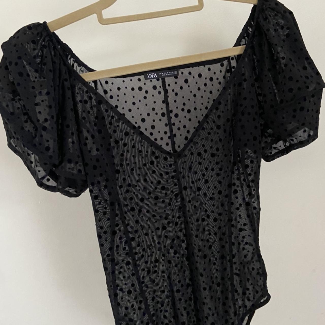 Zara black mesh polka dot bodysuit with puff - Depop