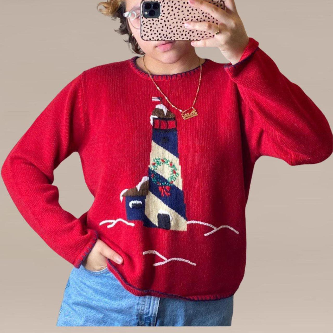 Vintage Red Lighthouse Graphic Knit Sweater Super... Depop
