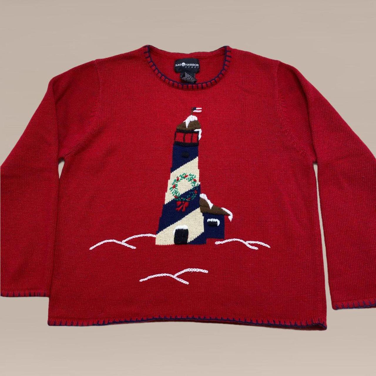 Vintage Red Lighthouse Graphic Knit Sweater Super... Depop