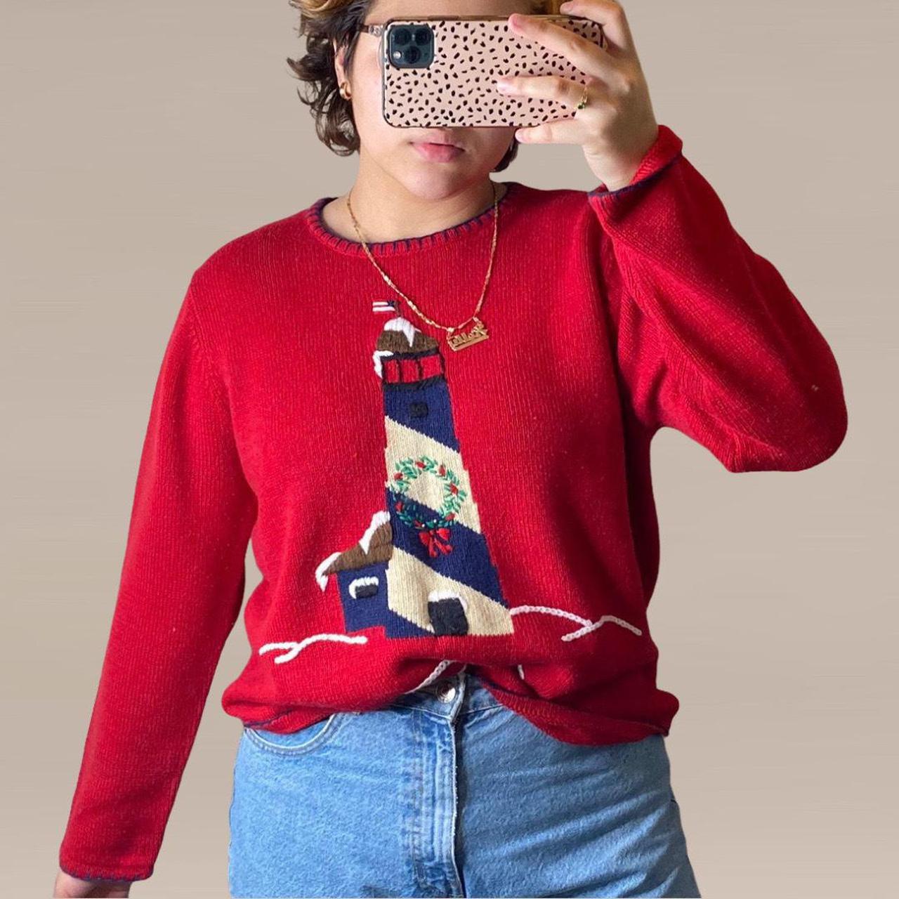 Vintage Red Lighthouse Graphic Knit Sweater Super... Depop