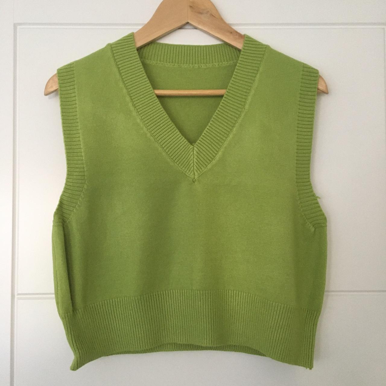 Plain olive green sweater vest v-neck knitwear... - Depop