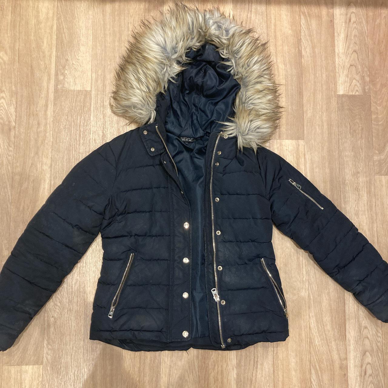 Topshop navy puffer coat with faux fur trim... - Depop