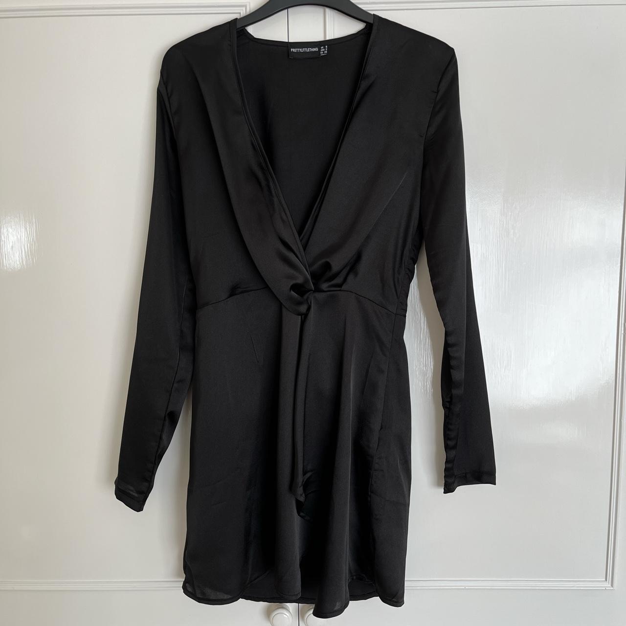 Prettylittlething black satin long sleeve wrap... - Depop