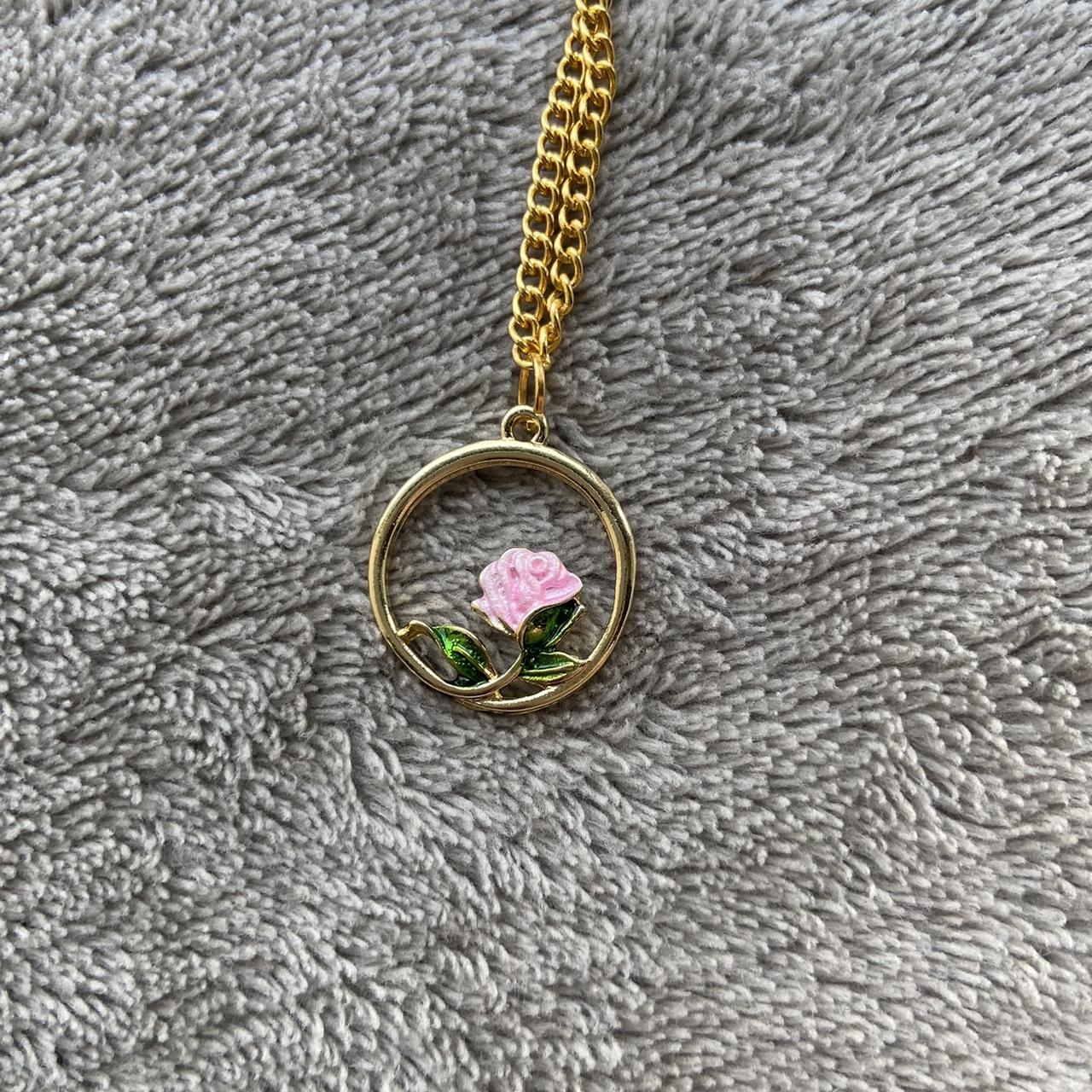 Pink rose necklace with gold circle. Brand new and... - Depop