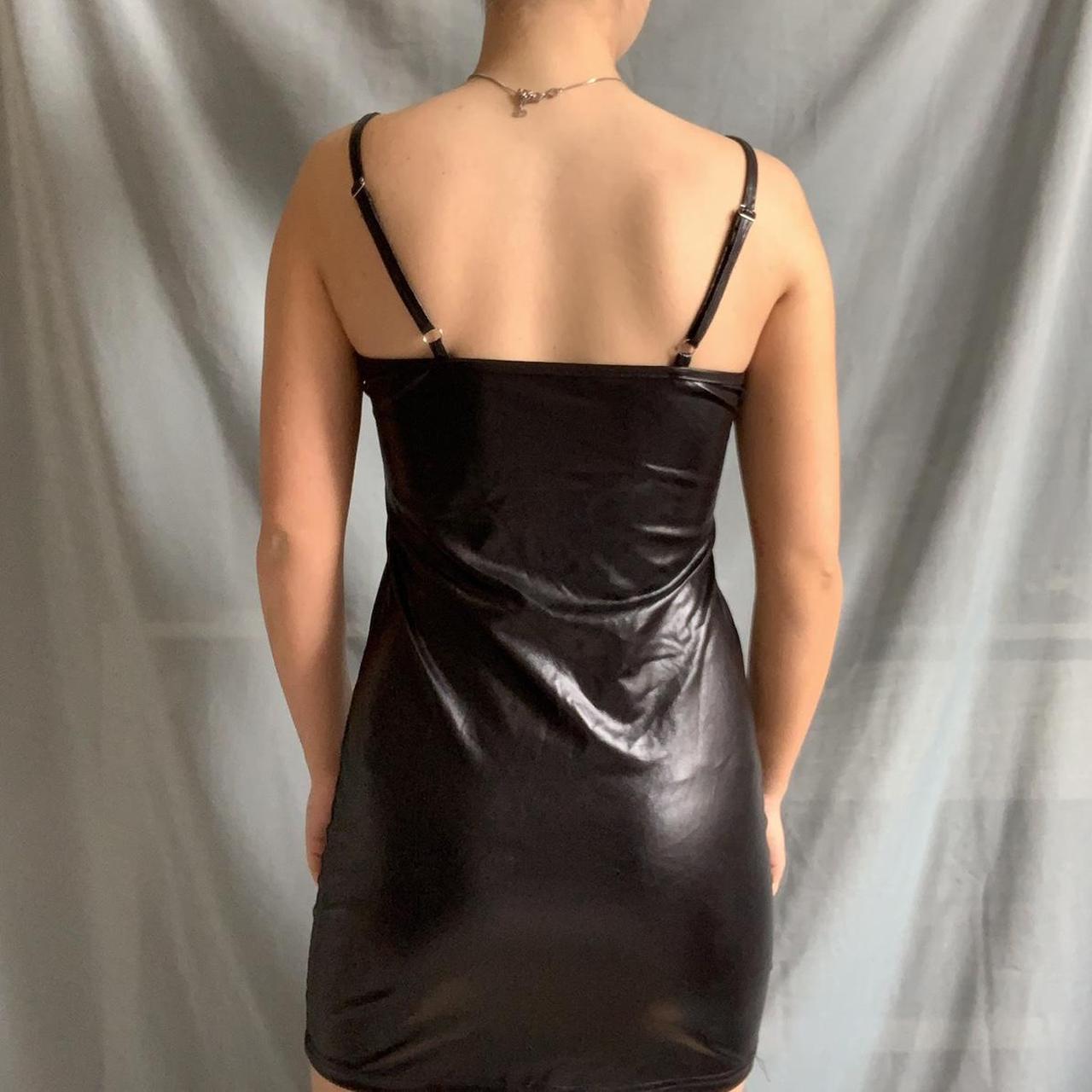 y2k vintage black faux leather pvc stretchy fit zip... - Depop