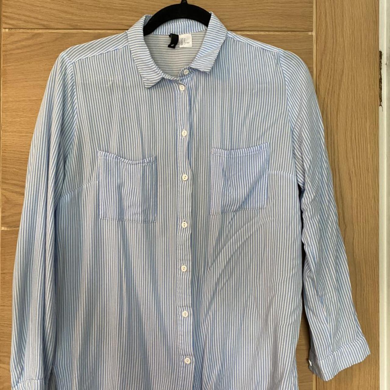 H&M Blue White Stripe Shirt Front Pockets Button-up... - Depop