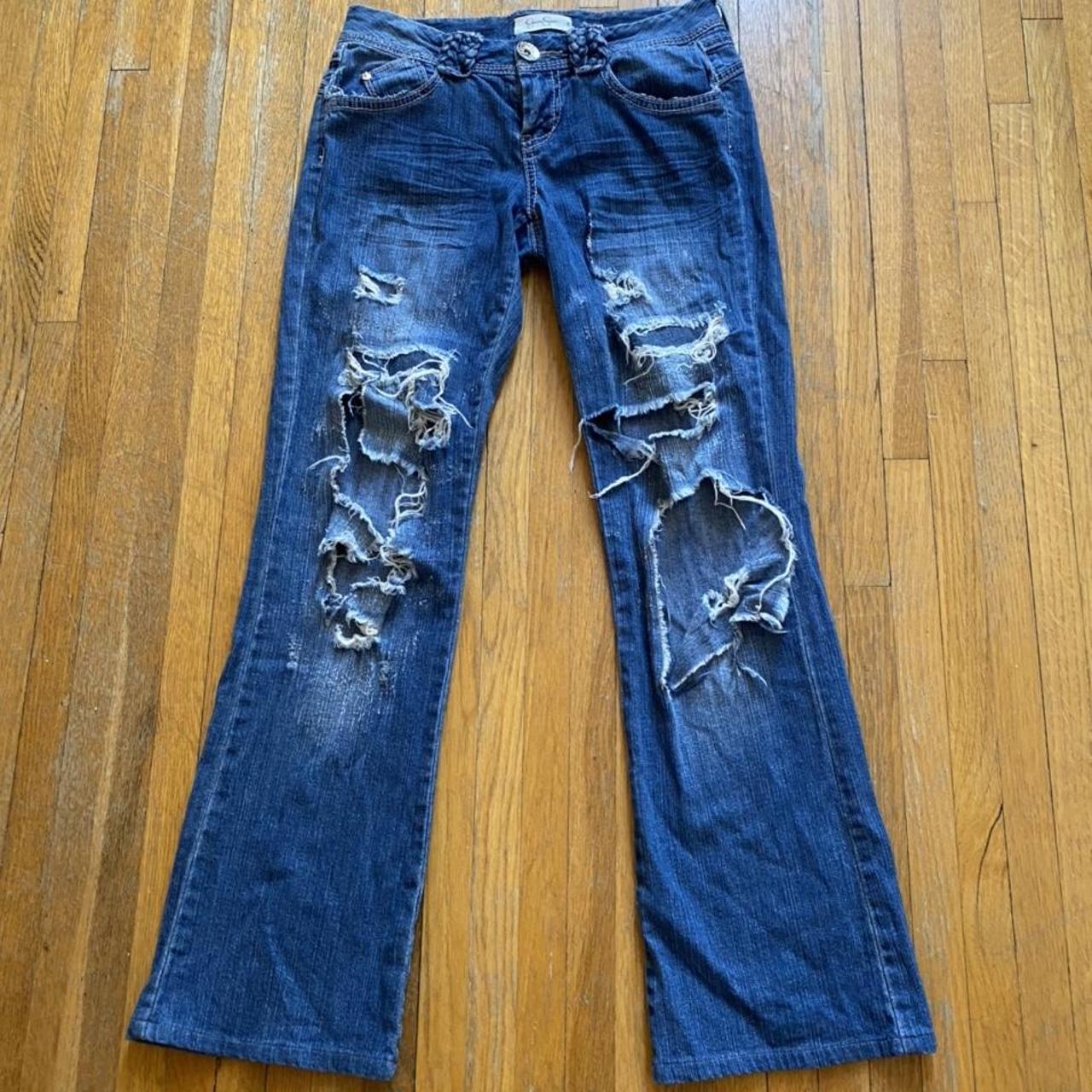 Jessica Simpson low rise ripped distressed bootcut... - Depop