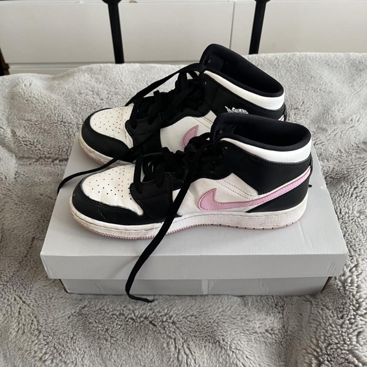 Selling Nike air Jordan mid black white and pink... - Depop