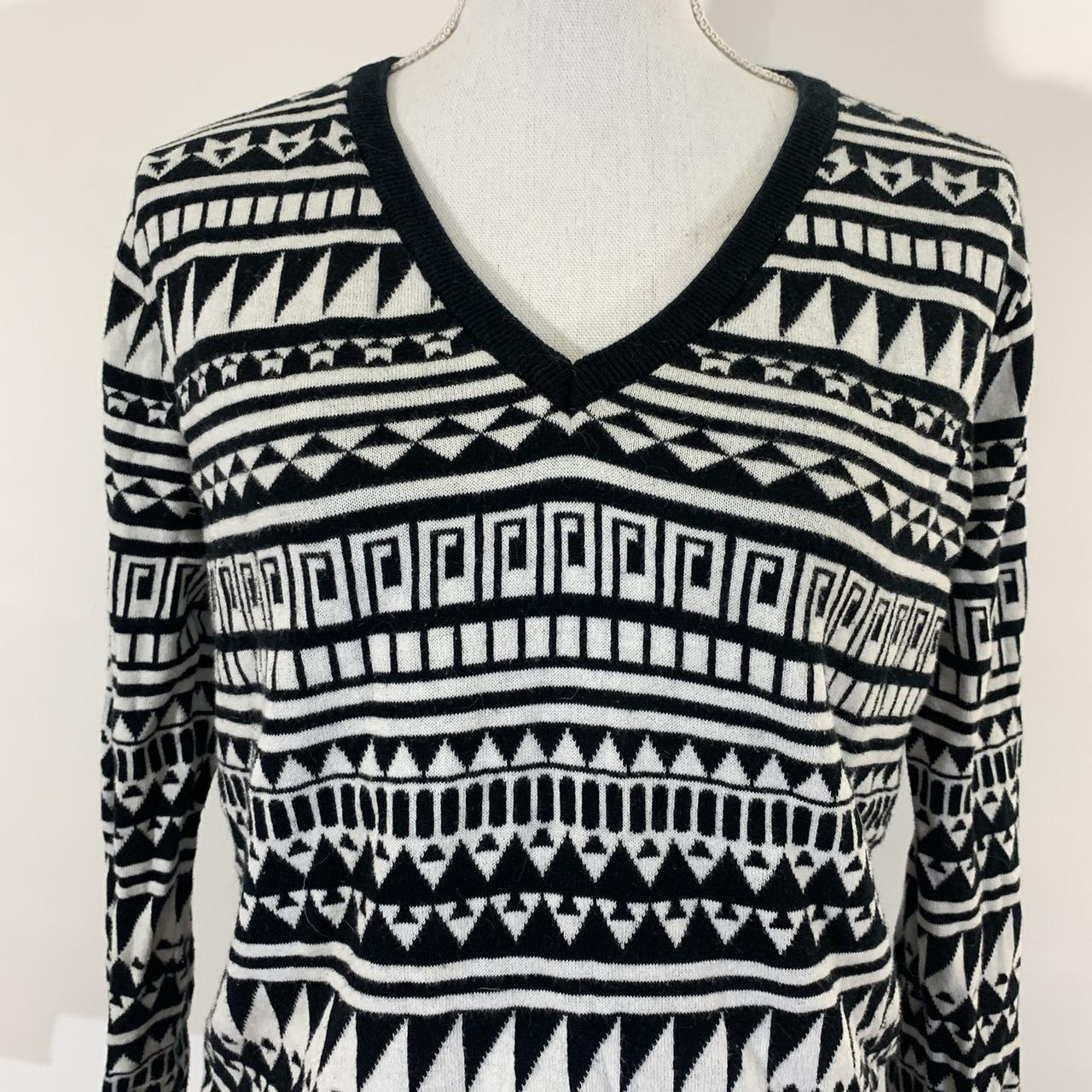 Black and White Geometric Pattern 90s Sweater V Neck... - Depop