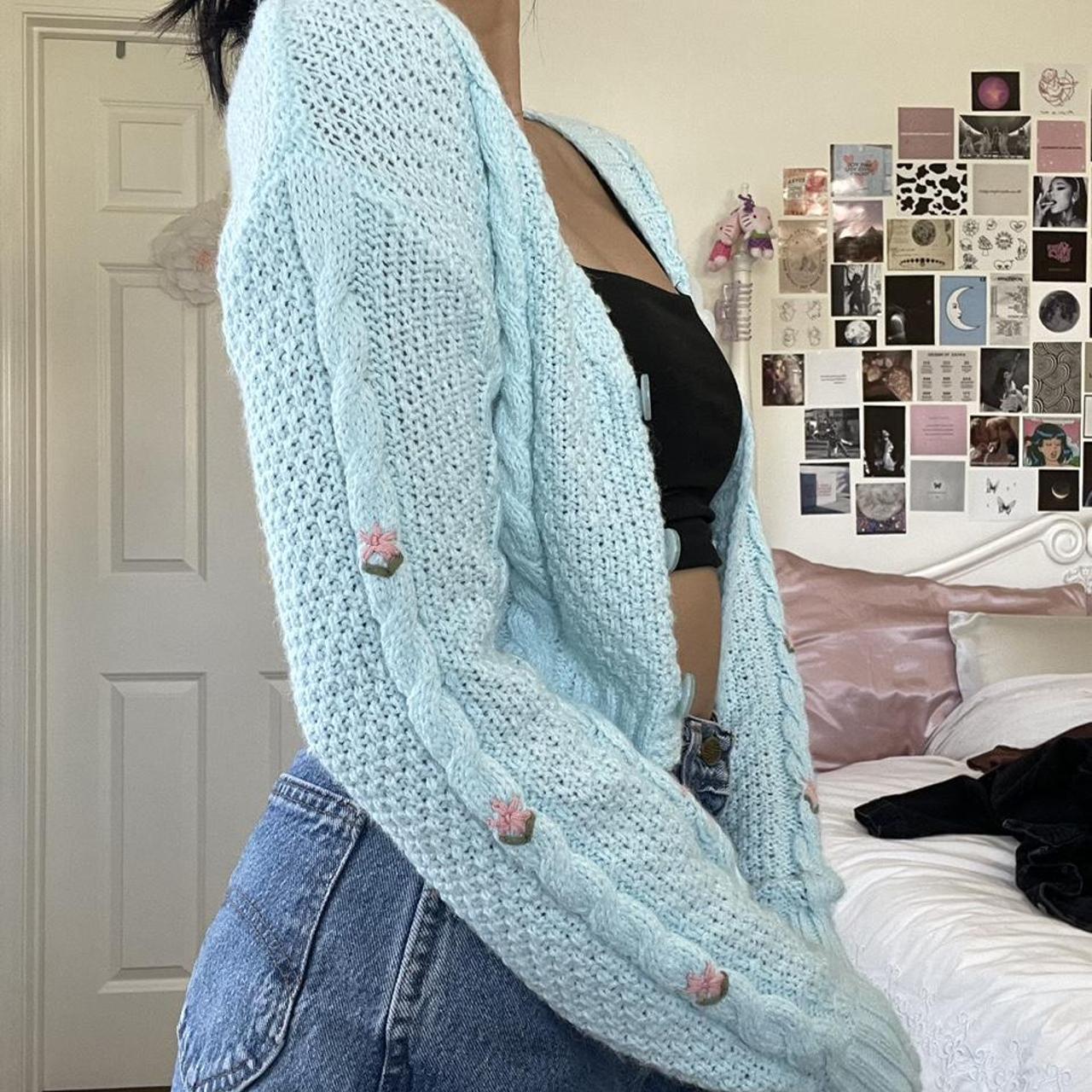 baby blue cropped cardigan with little pink... - Depop