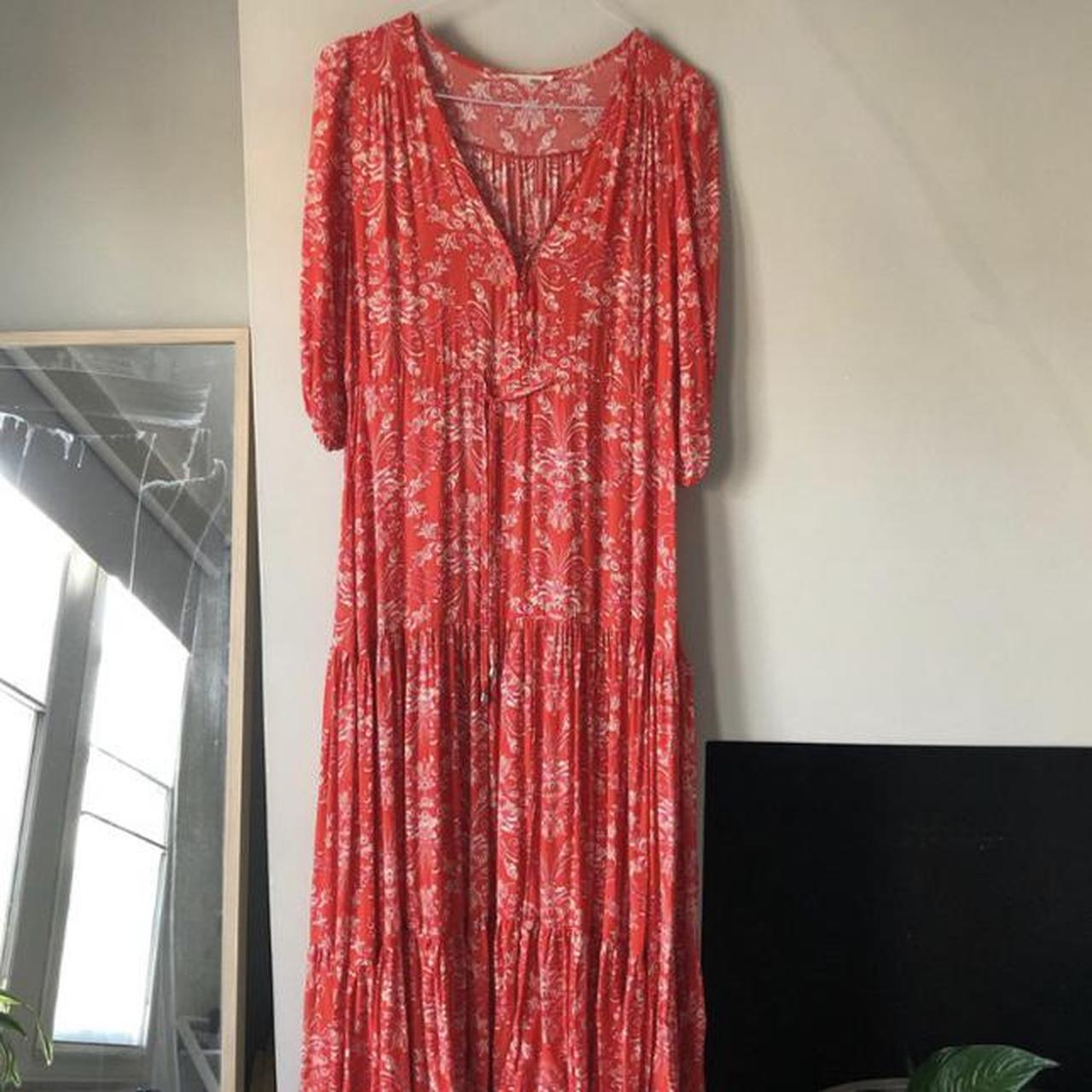 Red maxi dress with white pattern size m comfy boho - Depop