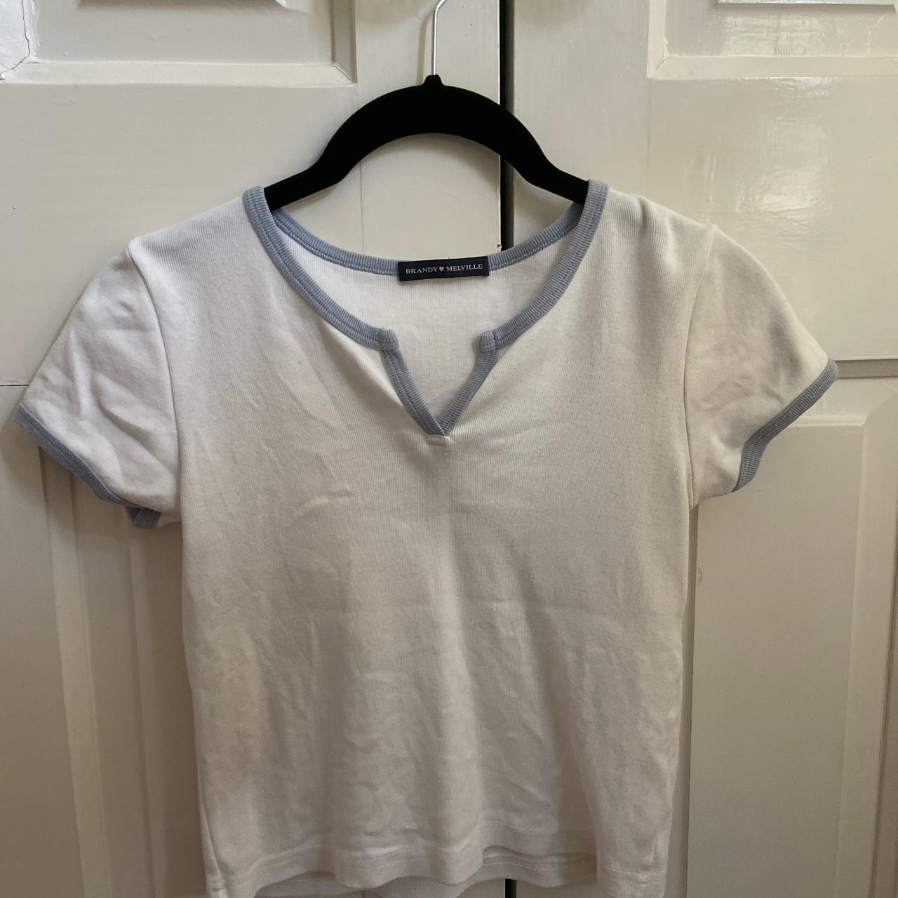 White Brandy Melville V neck top with Blue... Depop