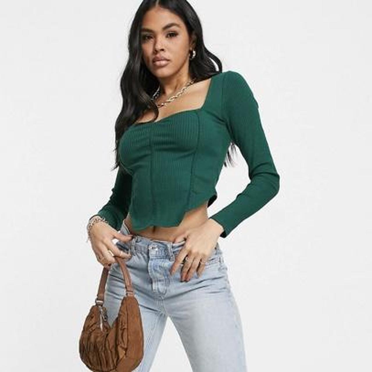 ASOS DESIGN rib fitted corset top with ultra wide neck in pine green