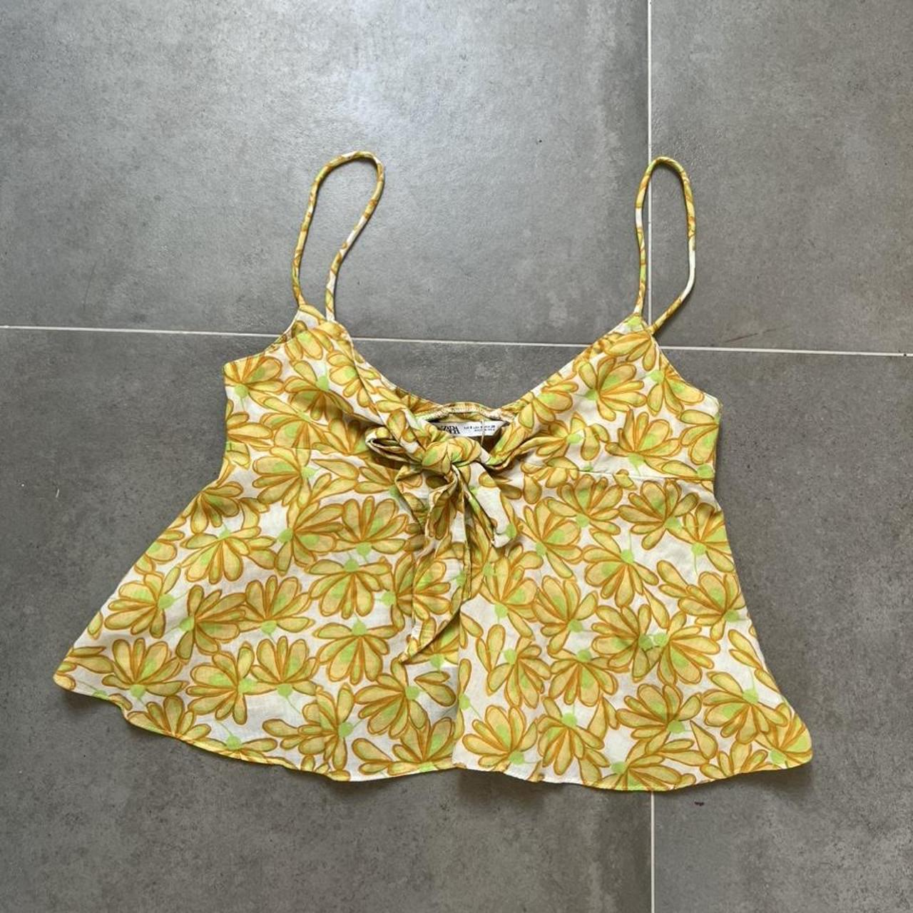 Zara yellow and green floral cami top with tie... Depop