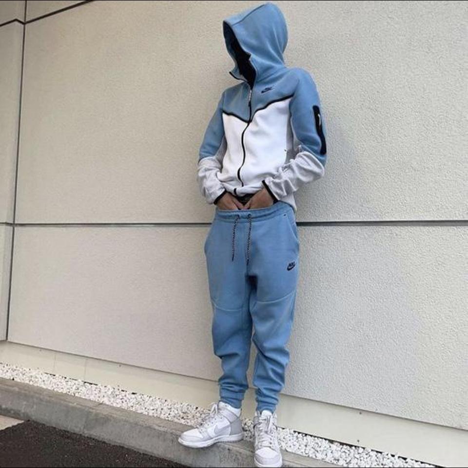 light blue and white tech fleece