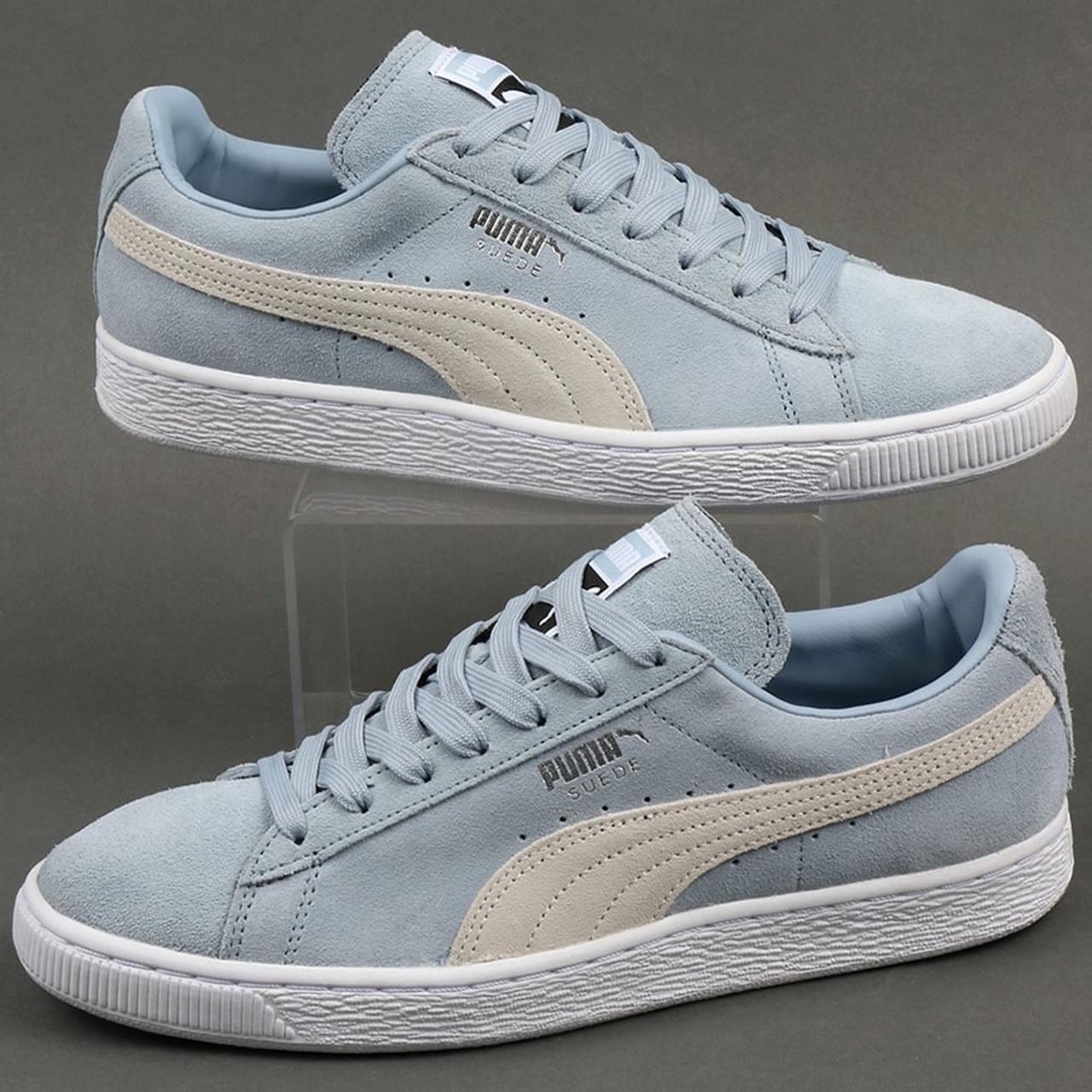 Puma Suedes - light blue and gold Size 5 Worn but... Depop