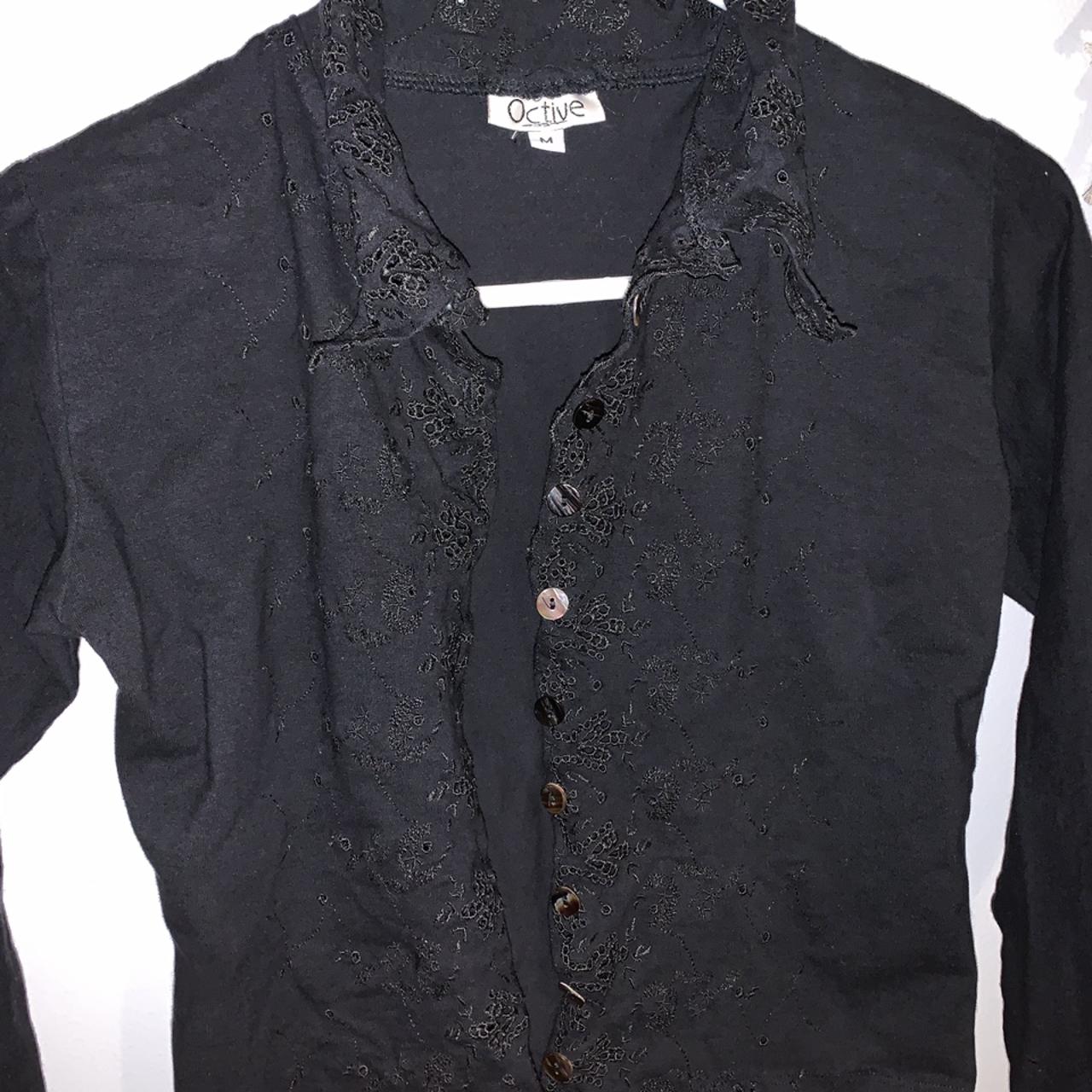 Cropped fit black button up long sleeve shirt with... - Depop