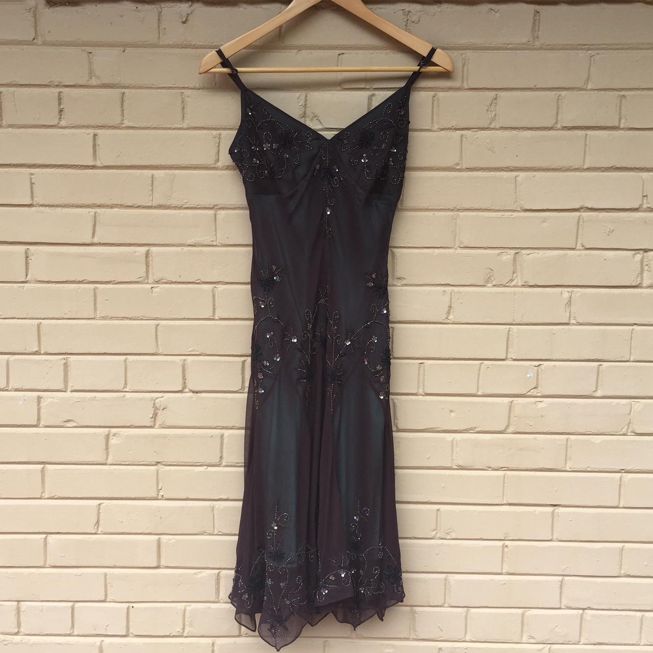 Brown beaded dress from Adrianna Papell. Has a green Depop