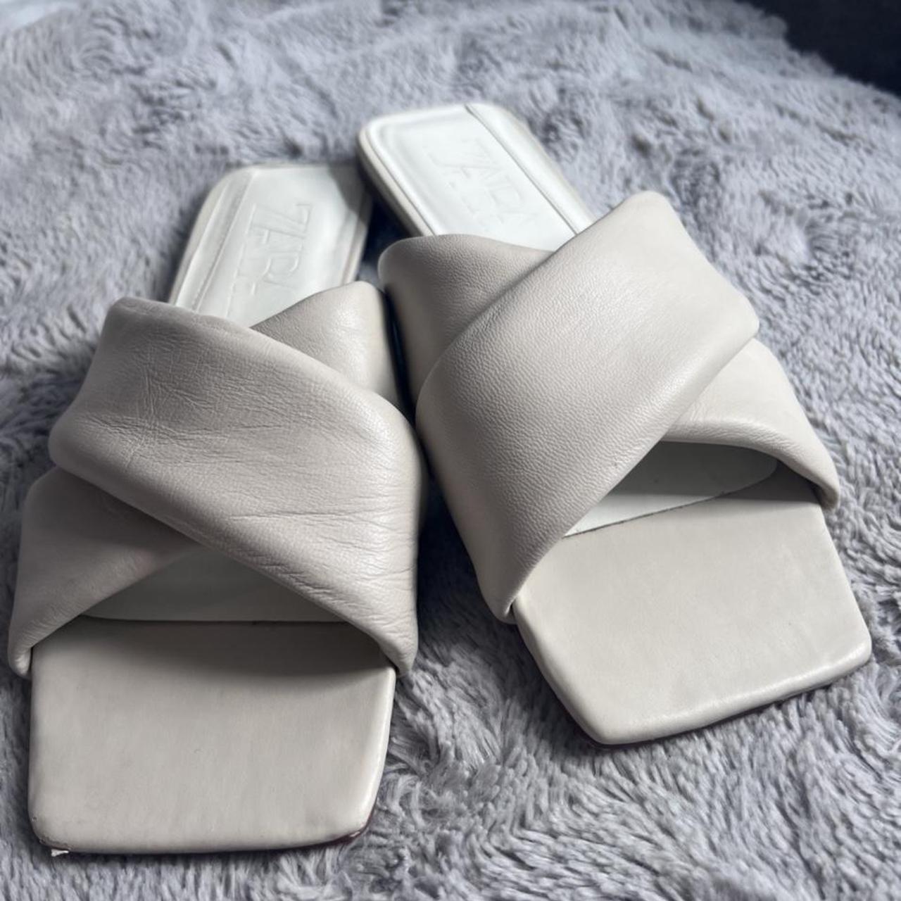 Zara ecru sliders Size 5 Worn as shown - light wear... - Depop