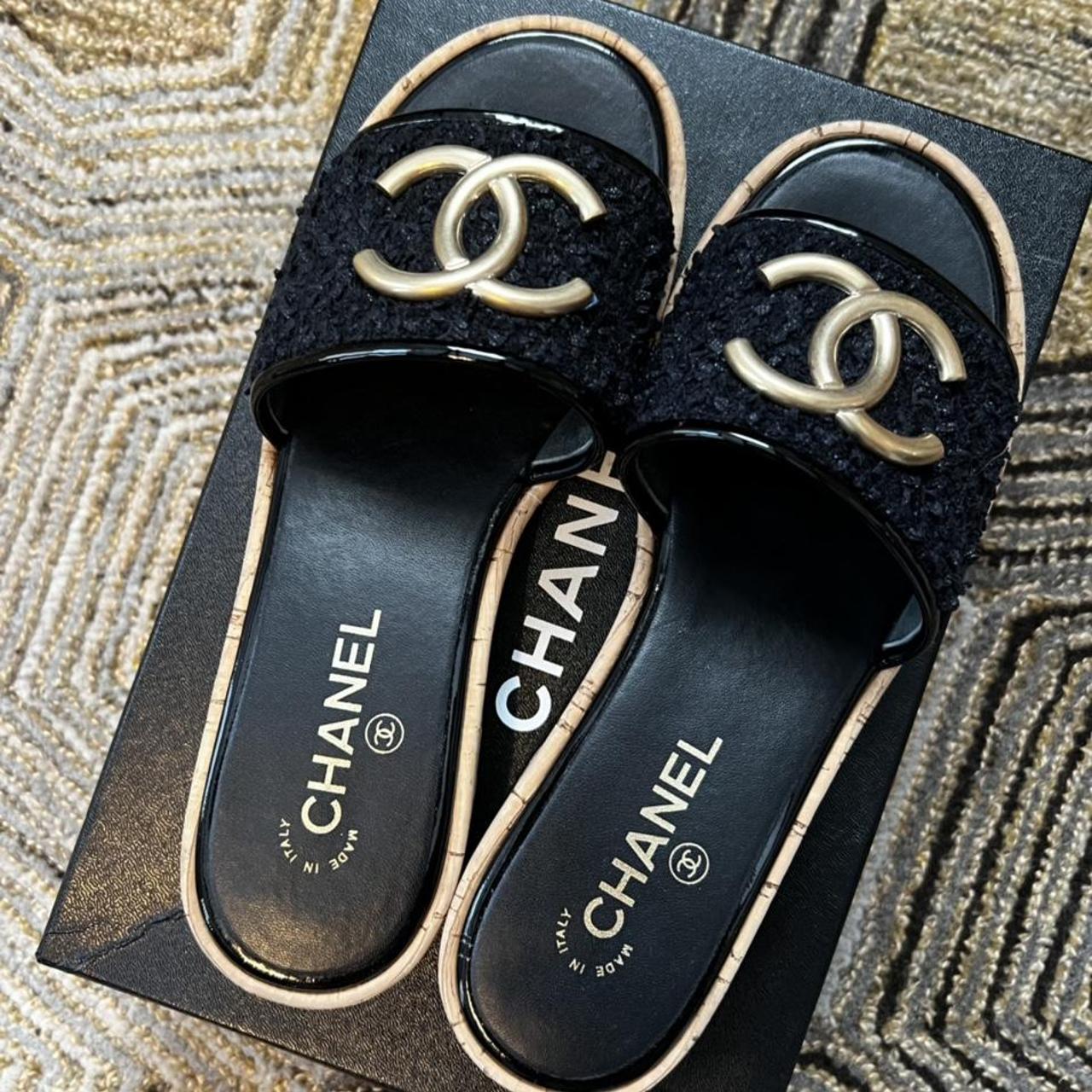 CHANEL SUMMER MULES IN BLACK TWEED , SIZE ITALY 38.5