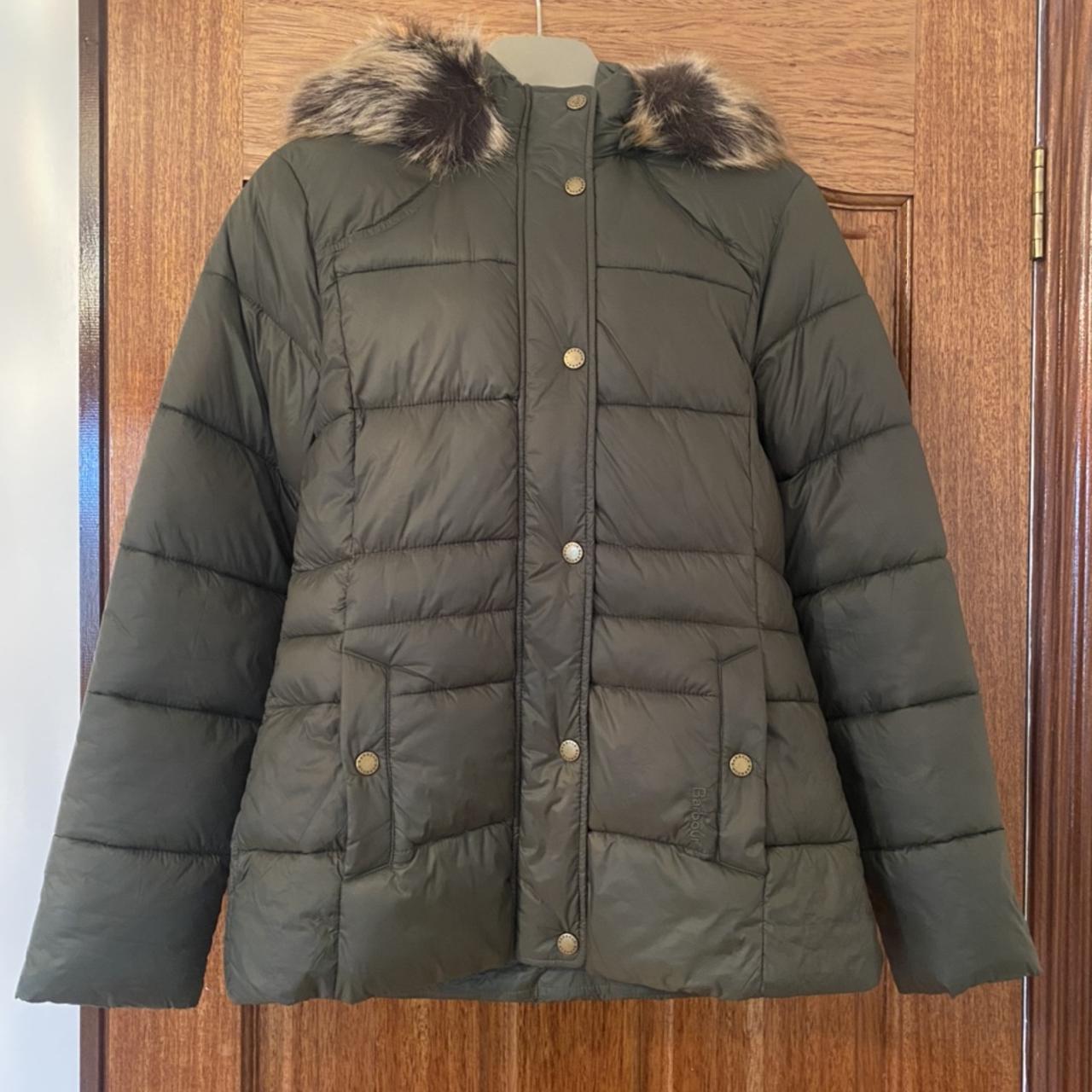 Barbour olive coat. Detachable hood with faux fur... - Depop