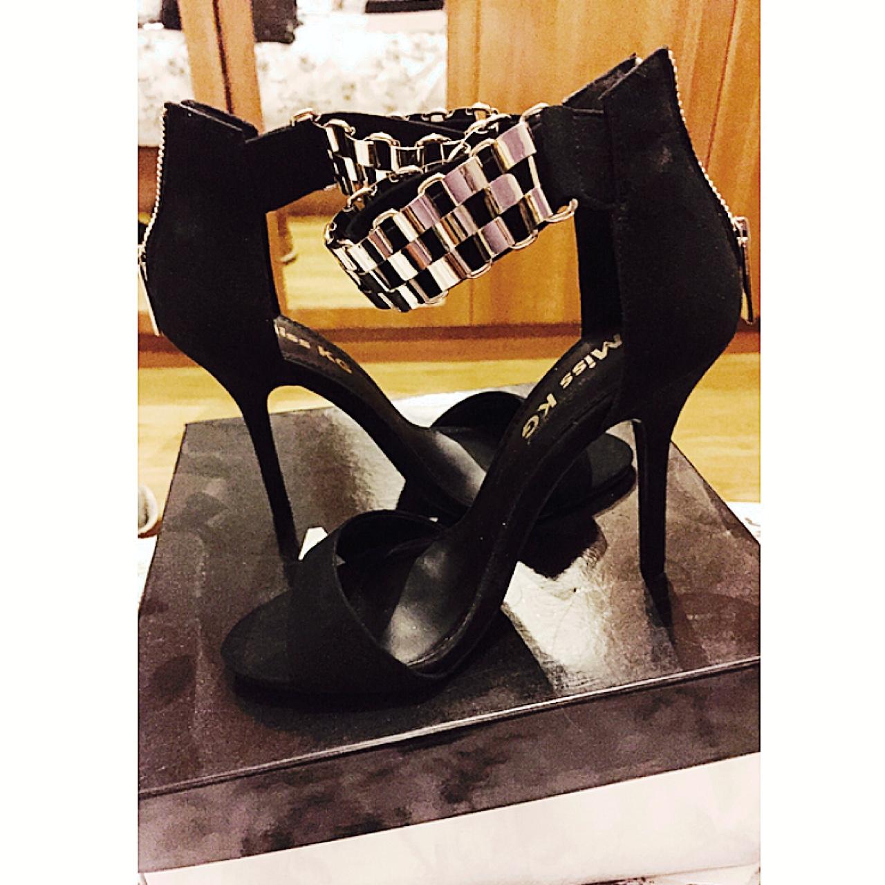 Kurt Geiger black suede heels with gold metal strap,... - Depop