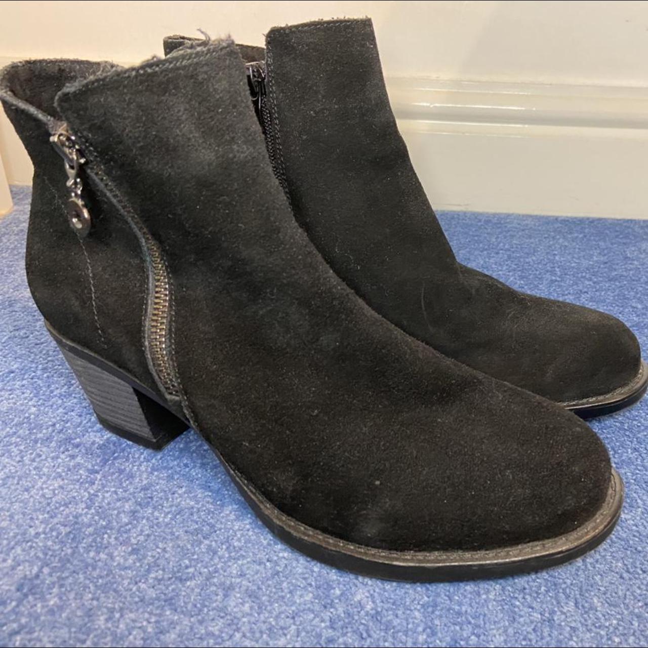 Black suede Chucky heel boots with zip inside ankles... - Depop