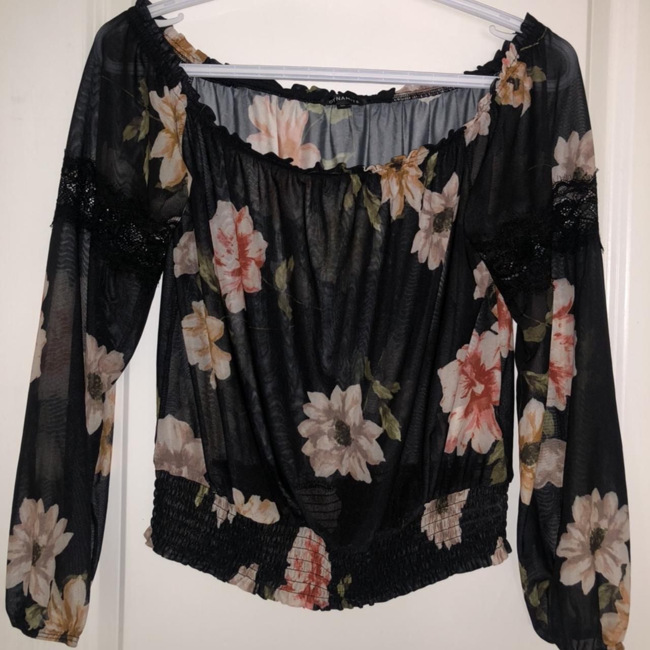 Black floral see through blouse with lace on sleeves... - Depop