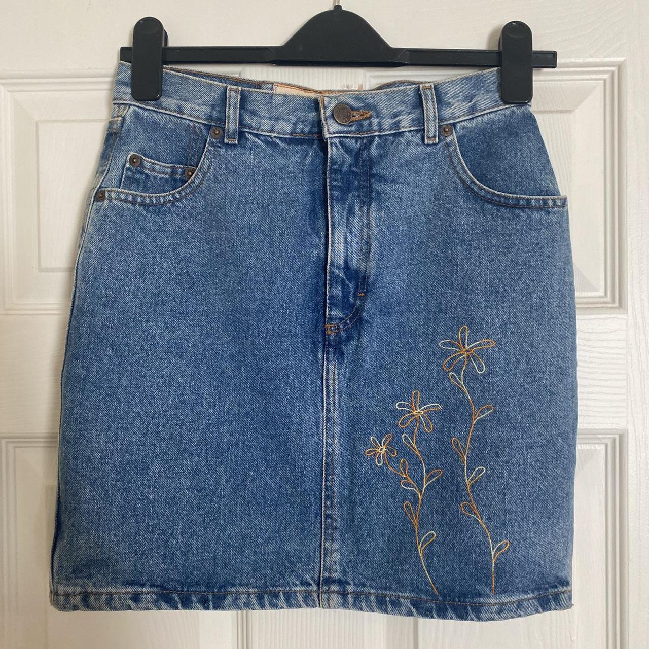 True vintage denim skirt with the cutest embroidery... - Depop