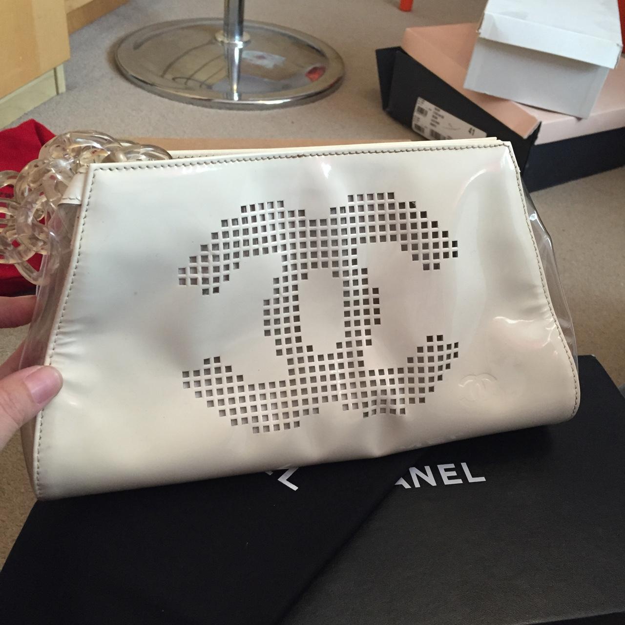 Chanel off white patent leather clutch bag with - Depop