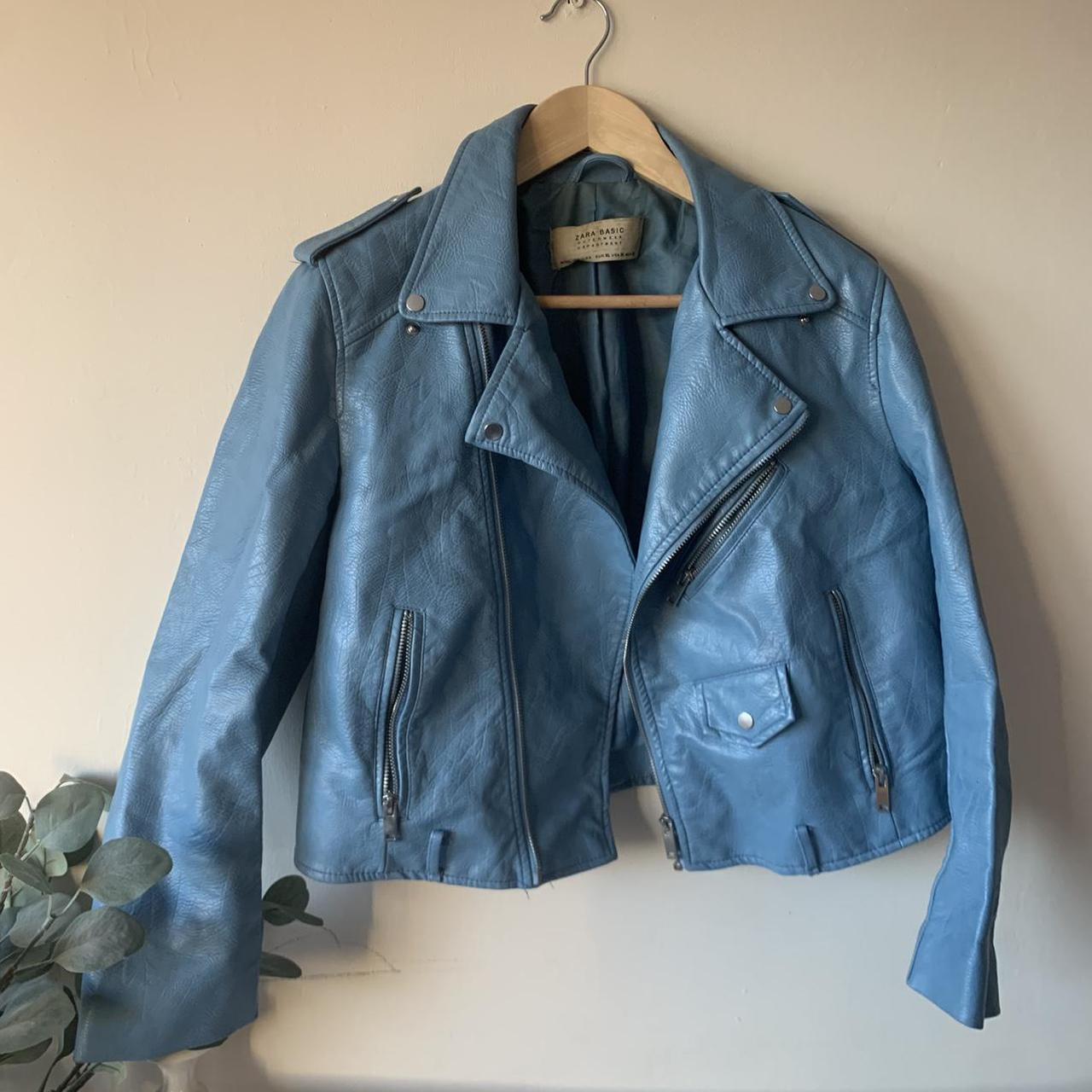 Blue leather jacket Zara size XL - Depop