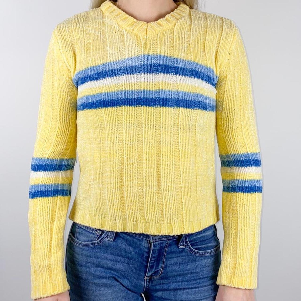 2000s Bright Yellow Striped Sweater 💙 size :... - Depop