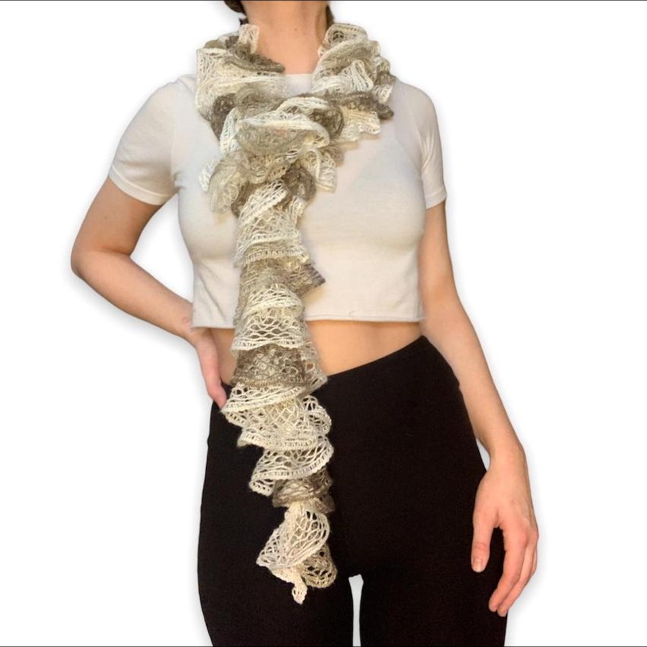 Crochet Mini Scarf white cream beige brown... Depop