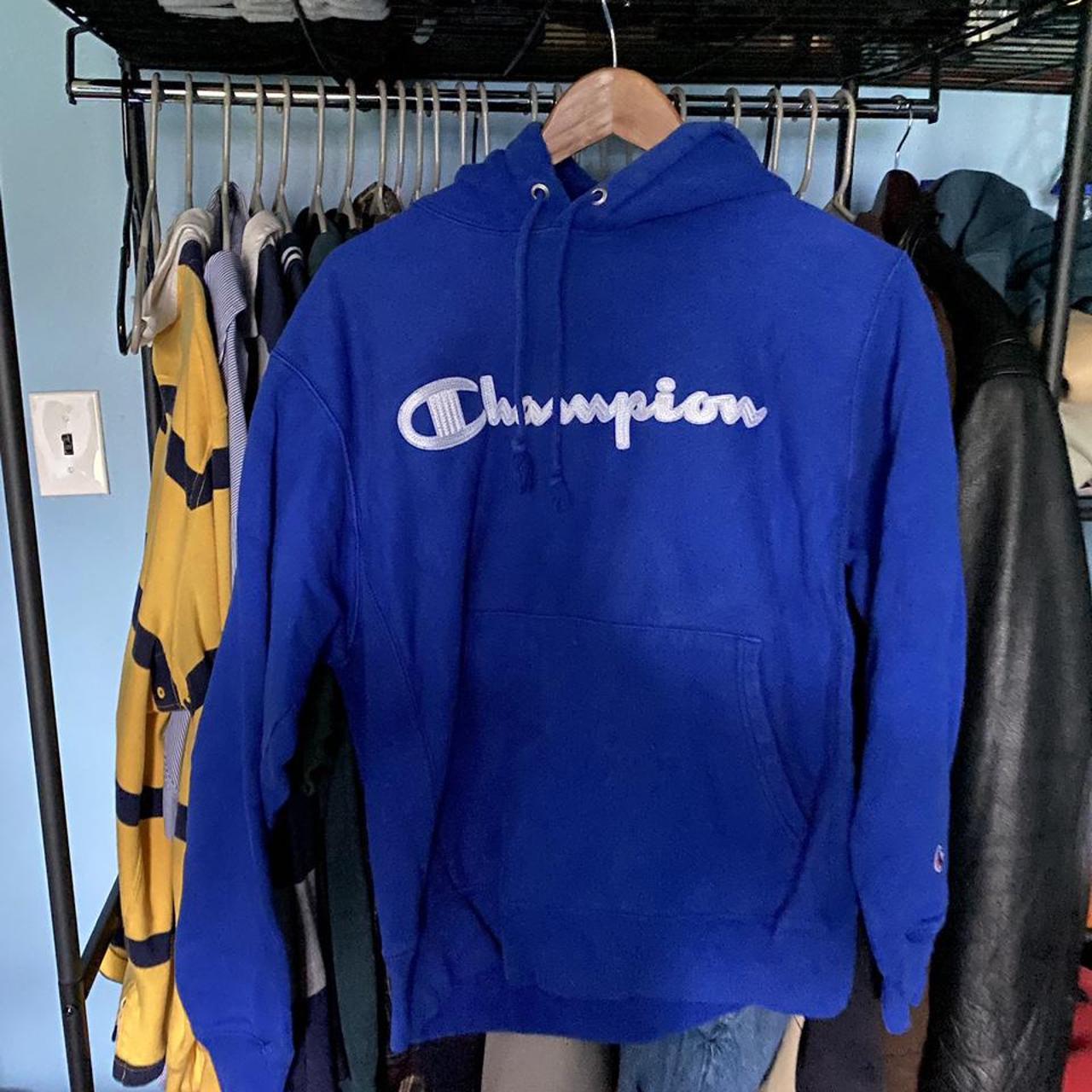 Blue Champion Hoodie Heavy hoodie, cool patch logo... - Depop