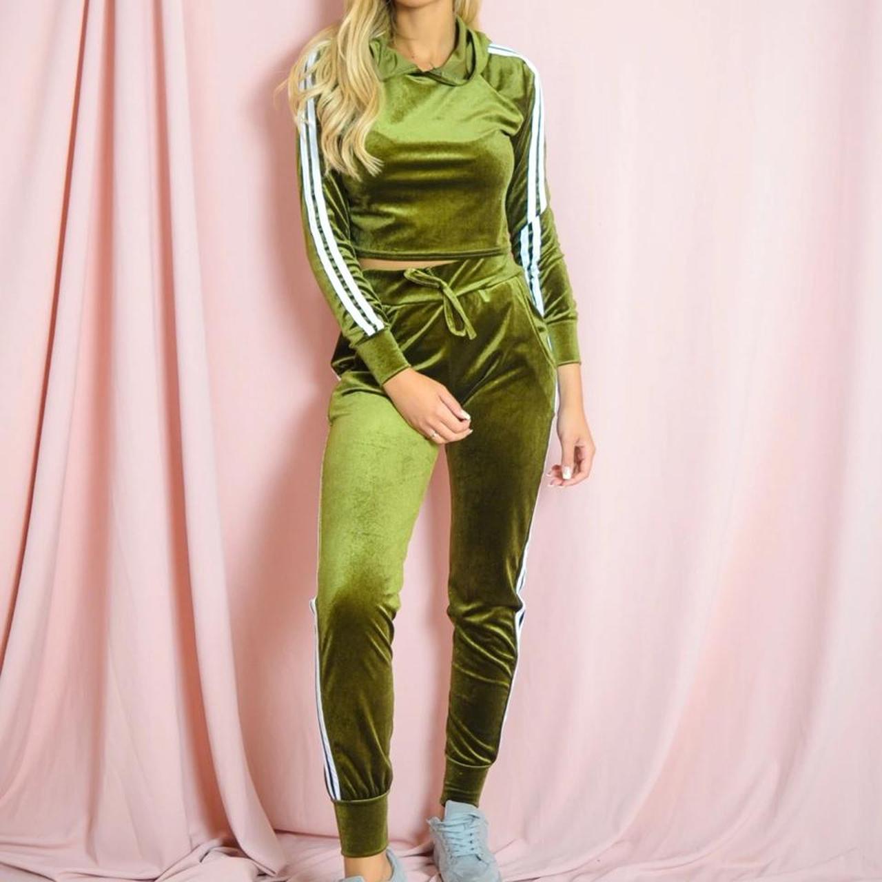 Khaki green velour velvet tracksuit set worn Depop
