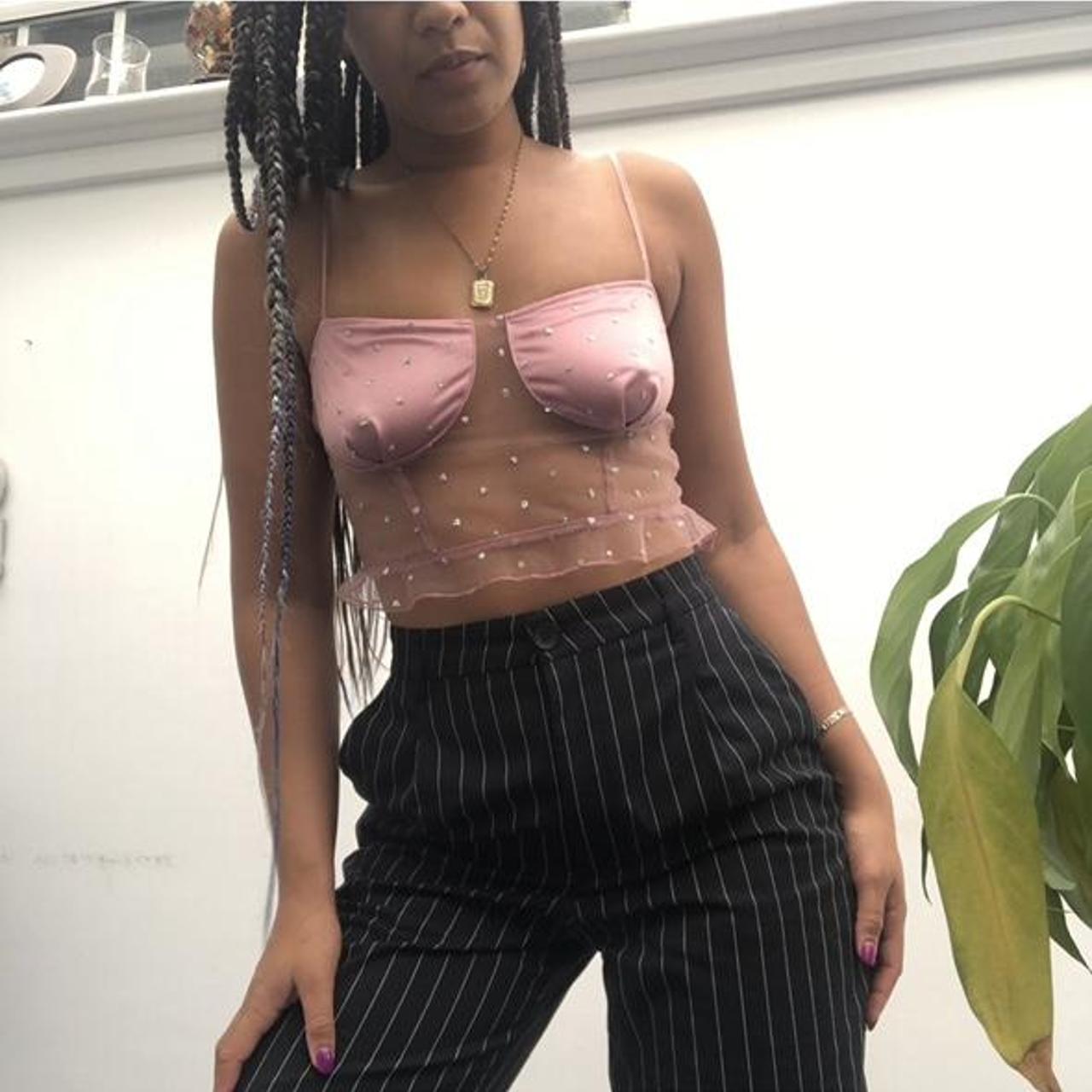 Pink Sheer Crop Top Frill Hem Top With Satin Depop 