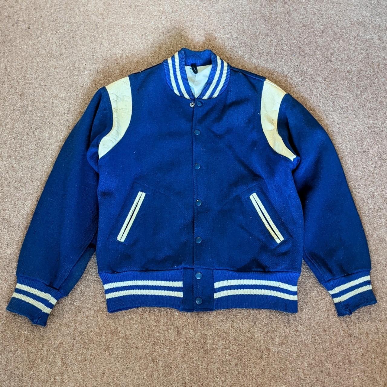 Vintage Blue and cream leather varsity jacket in... - Depop