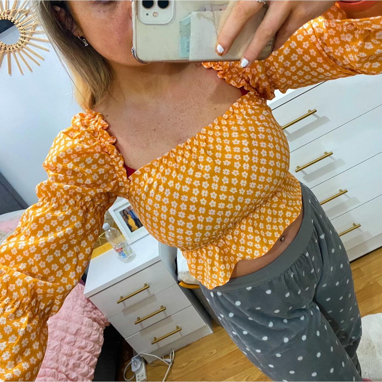 H&M orange/ white woven crop top with puff sleeve - Main Image