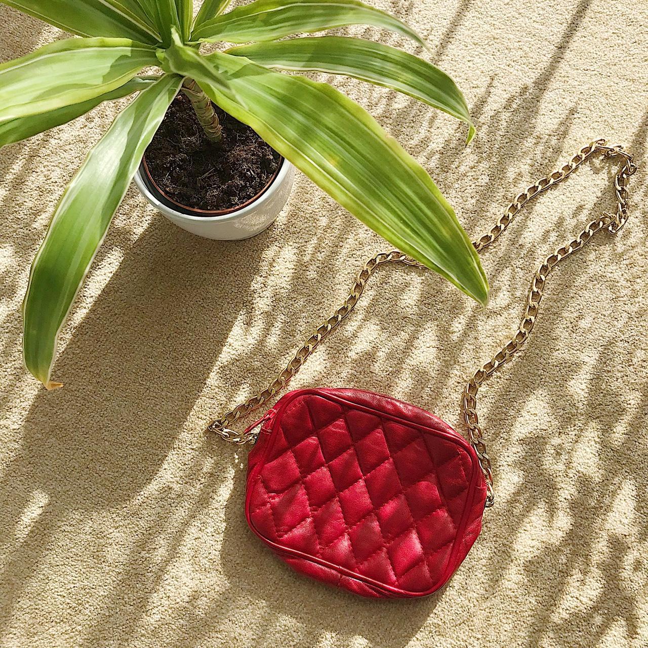 Bright red quilted crossbody bag • gold chain... Depop