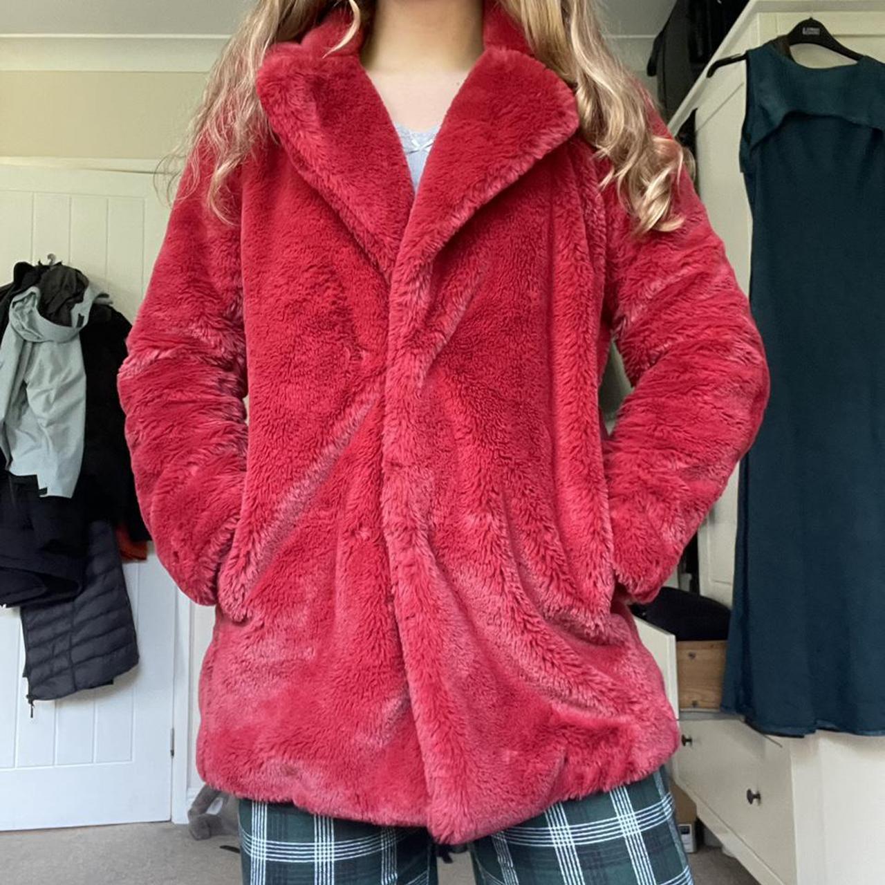 H&M RED FLUFFY FAUX FUR JACKET COAT SIZE SMALL -... - Depop