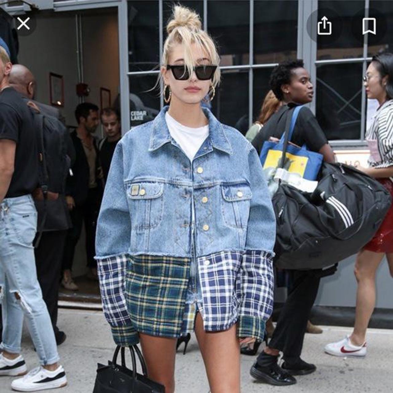 Hailey Bieber's Green Plaid and Denim Jacket