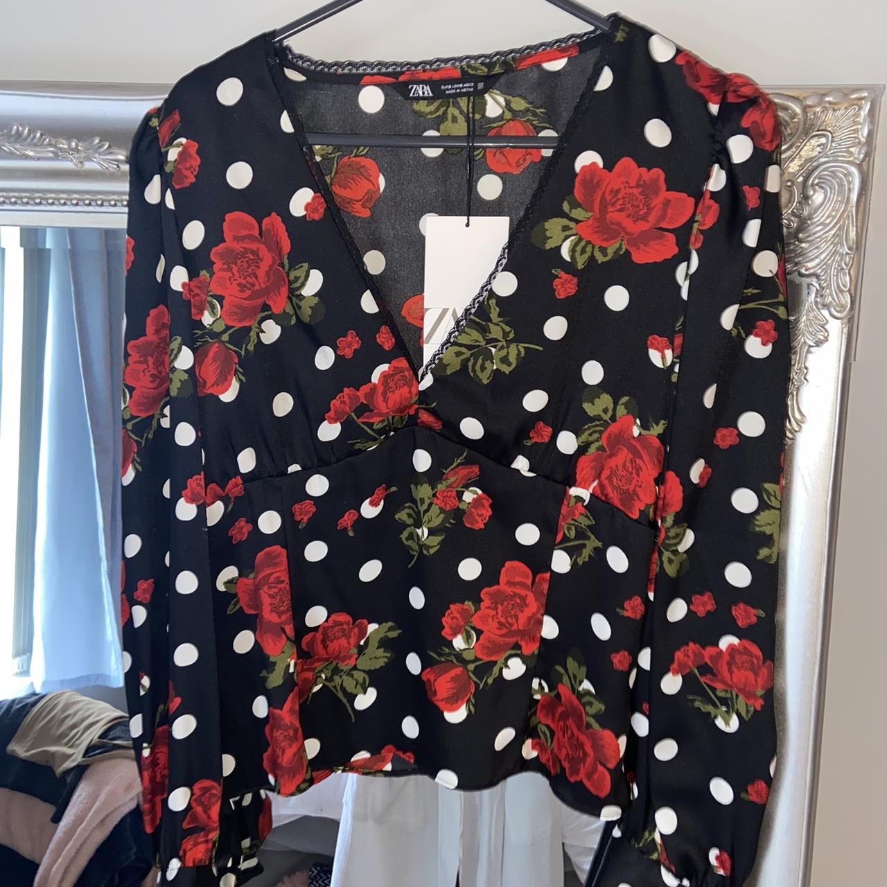 Zara black polka dot printed blouse with red roses - Depop