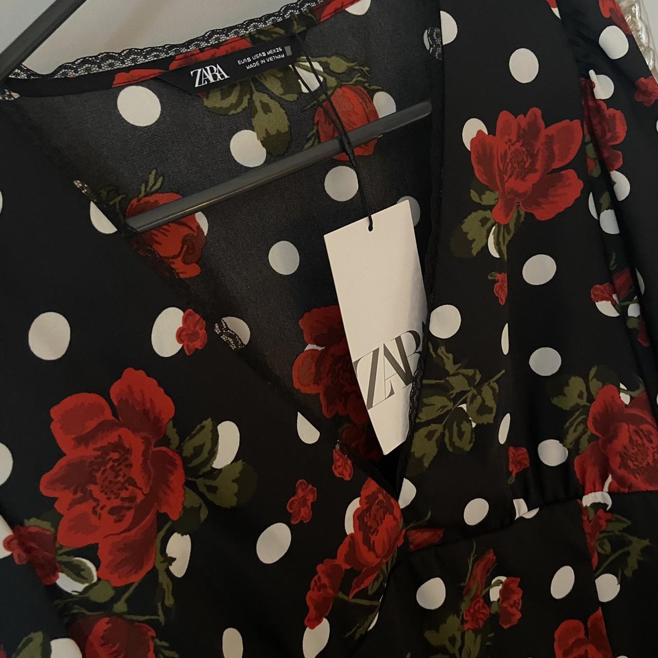 Zara black polka dot printed blouse with red roses - Depop