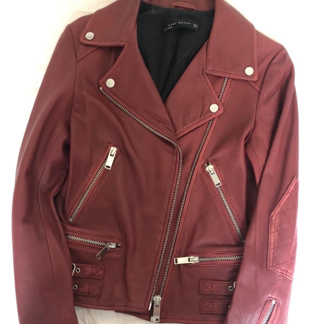 Zara real leather red jacket size xs. Worn a handful... - Depop