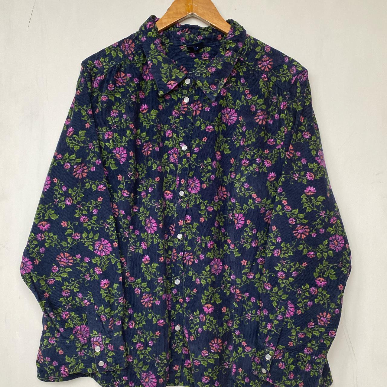 Vintage Women’s Cord/Corduroy shirt. Navy floral.... - Depop