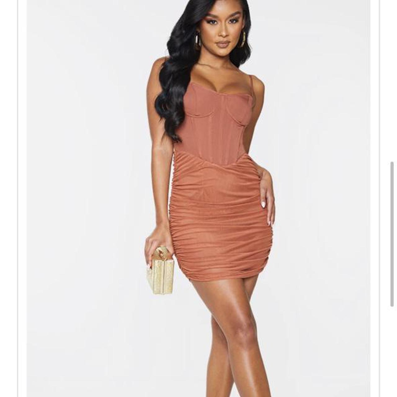 Rust strappy corset detail mesh ruched skirt