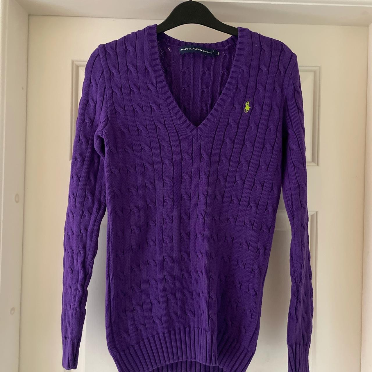 Polo Ralph Lauren cable knit v neck jumper in purple... - Depop