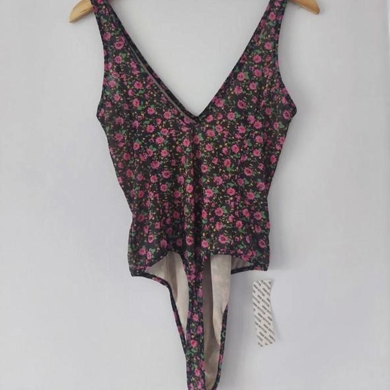 urban outfitters pink floral mesh bodysuit Size M -... - Depop